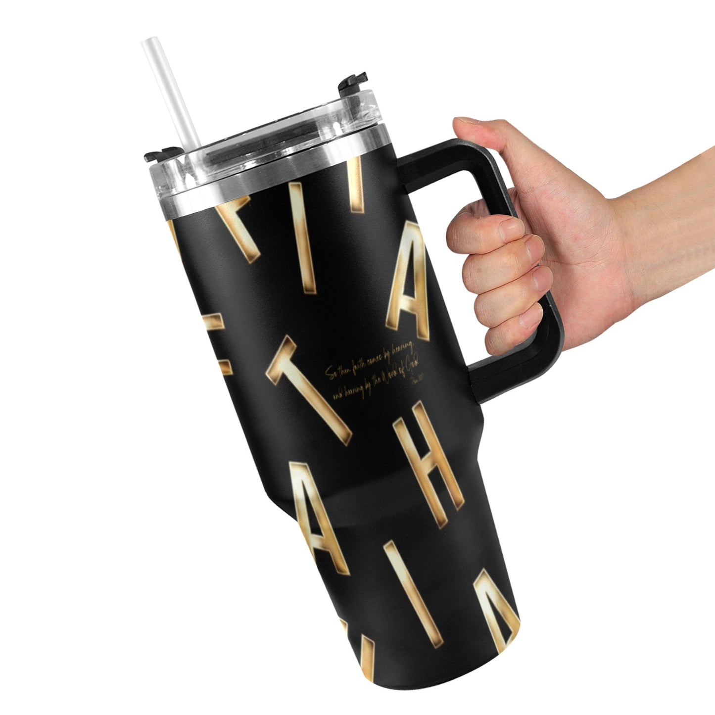BLACK FAITH COMES BY HEARING 40oz Tumbler with Black Handle