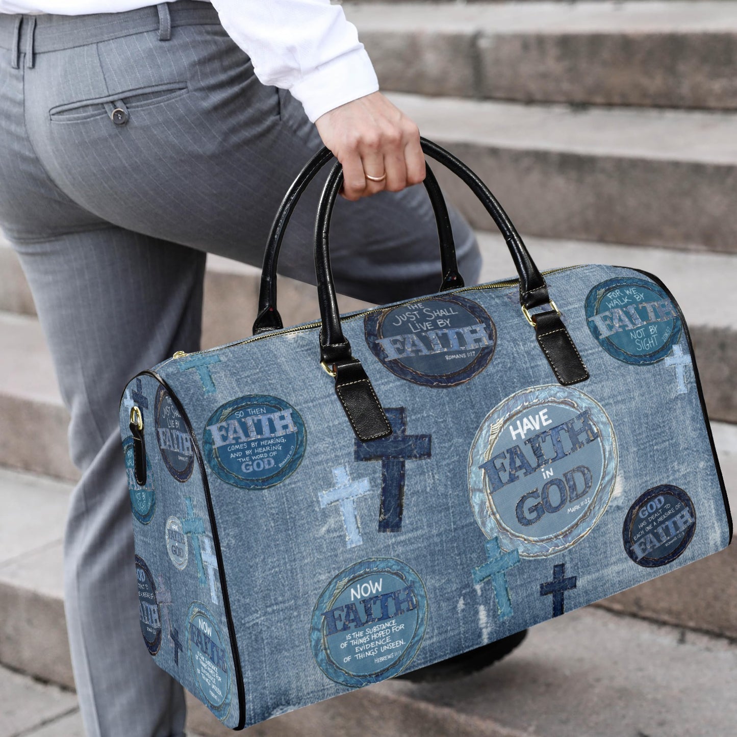 LEATHER FAUX DENIM WALK BY FAITH TRAVEL BAG