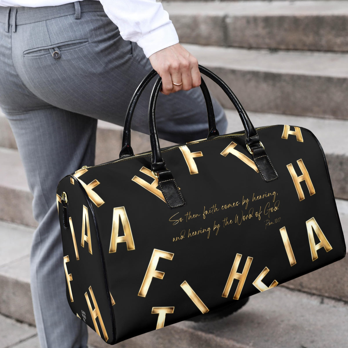 LEATHER BLACK FAITH COMES BY HEARING Travel Bag
