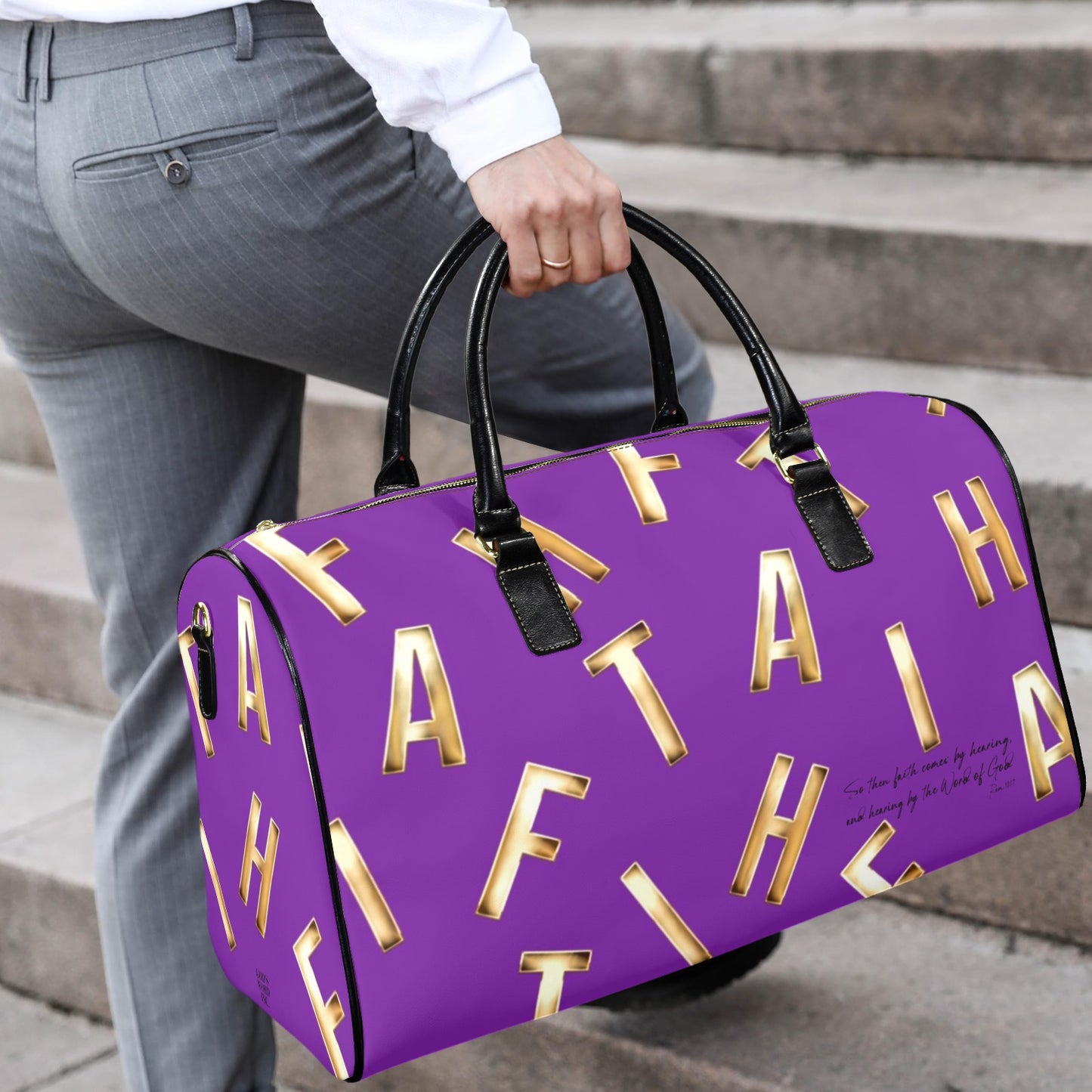 LEATHER PURPLE FAITH COMES BY HEARING TRAVEL BAG