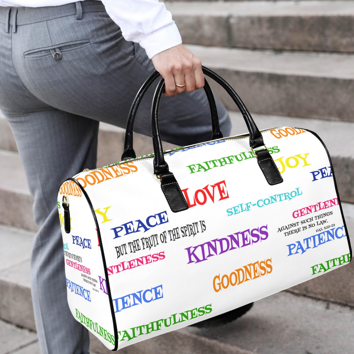 LEATHER WHITE FRUIT OF THE SPIRIT Leather Travel Bag