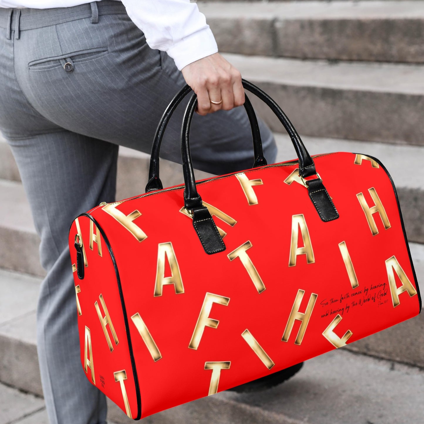 LEATHER RED FAITH COMES BY HEARING TRAVEL BAG