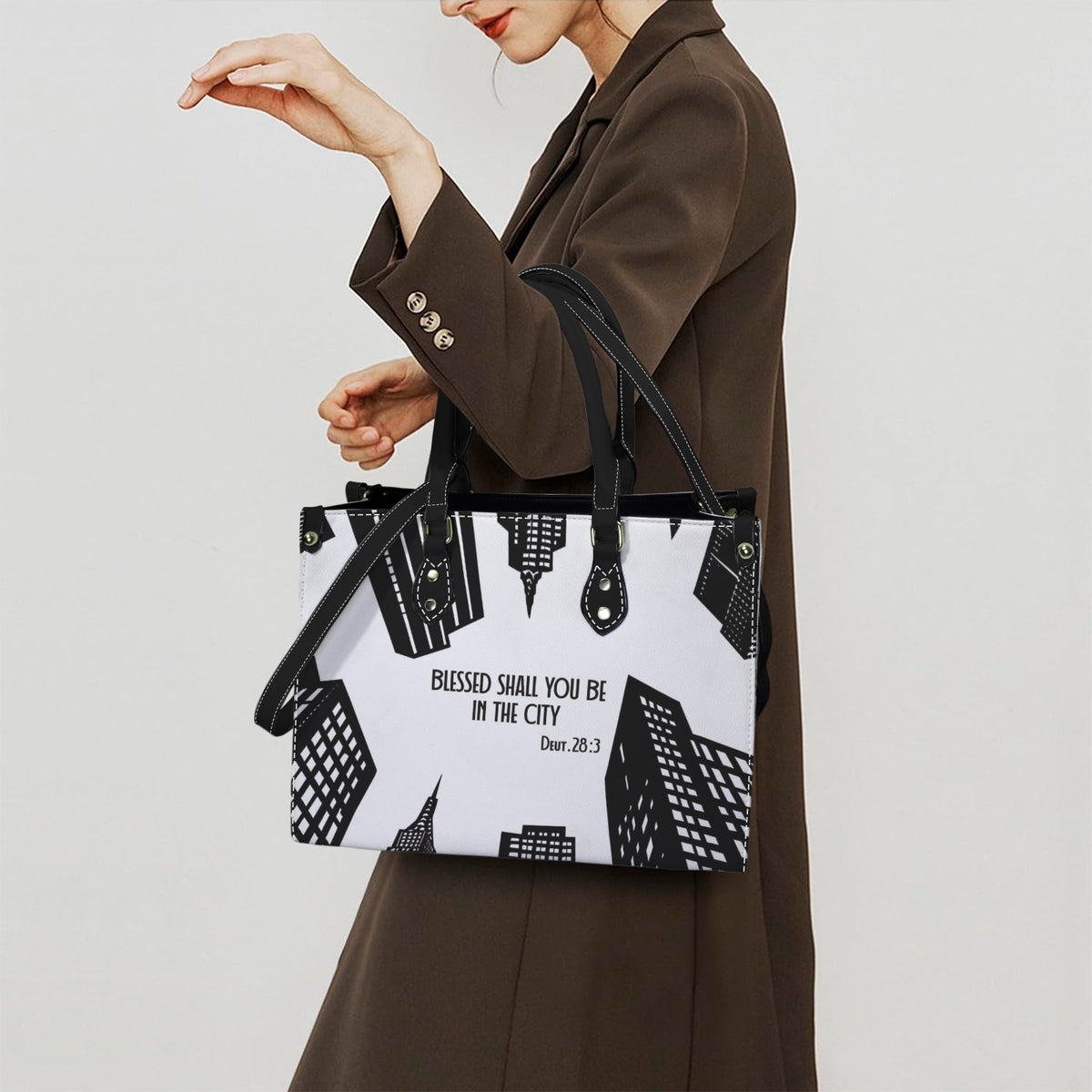 BLESSED SHALL YOU BE IN THE CITY PU Leather Handbag-Large