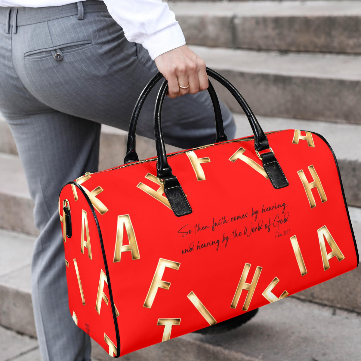LEATHER RED FAITH COMES BY HEARING Travel Bag