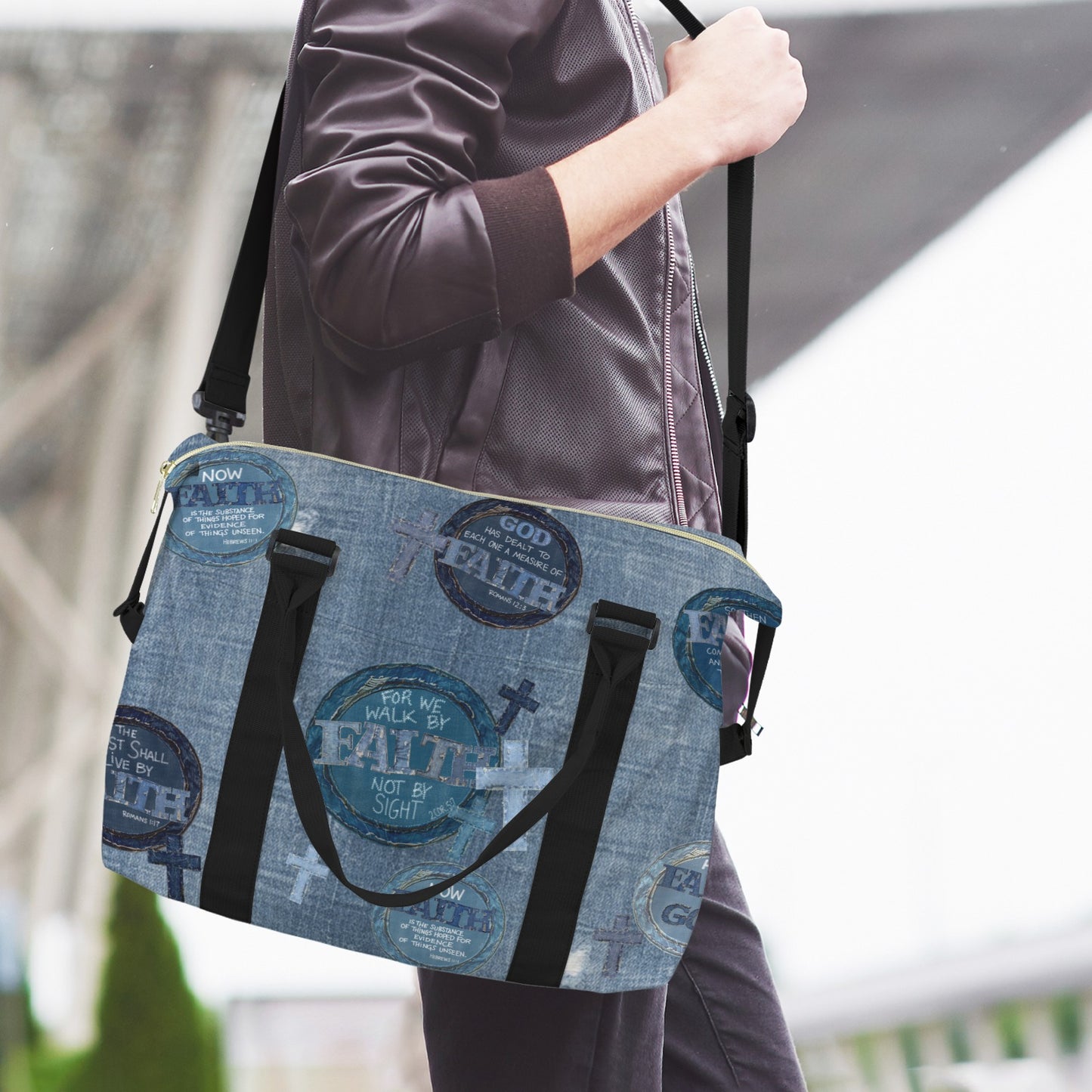 FAUX DENIM FAITH DUFFLE BAG