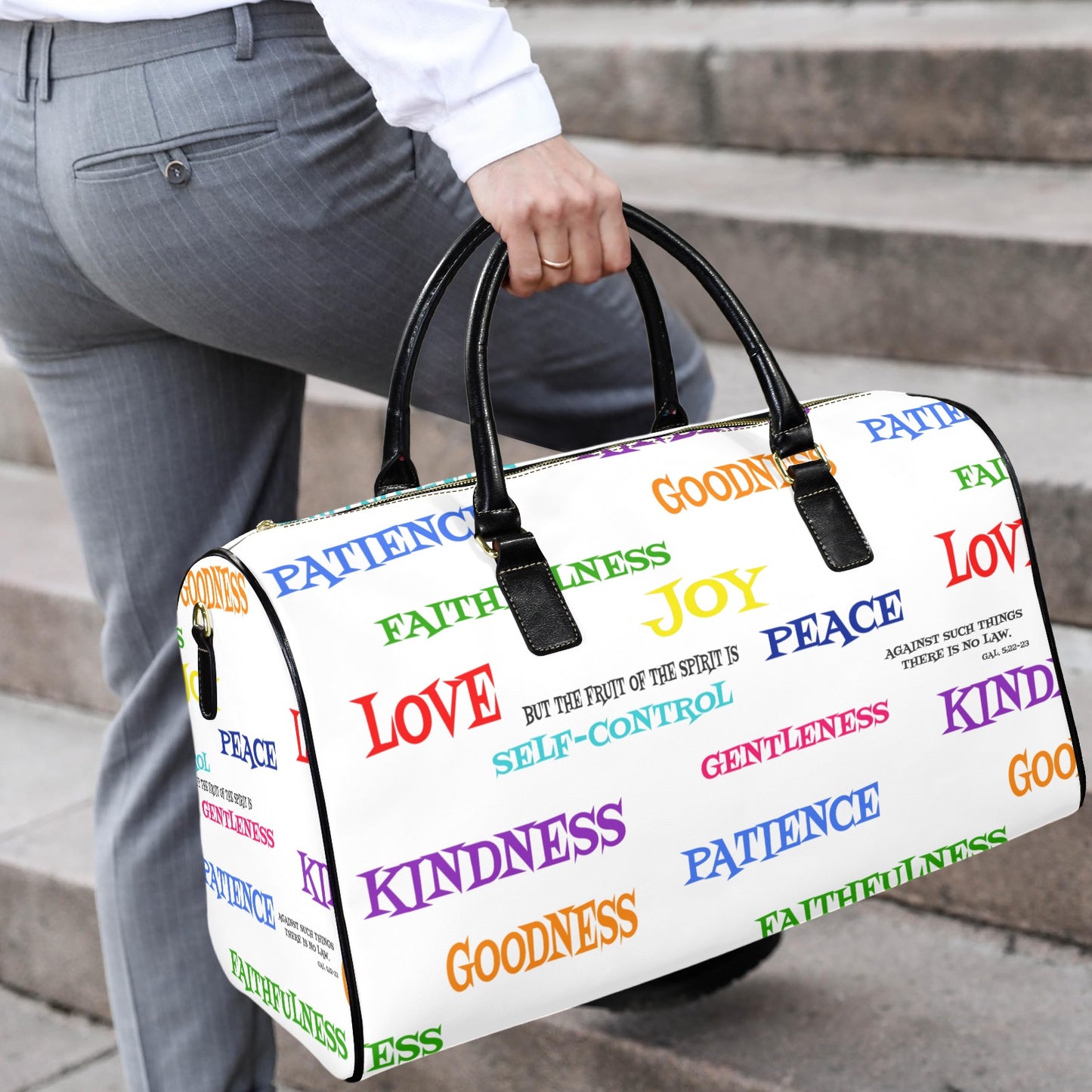 LEATHER FRUIT OF THE SPRIT WHITE TRAVEL BAG