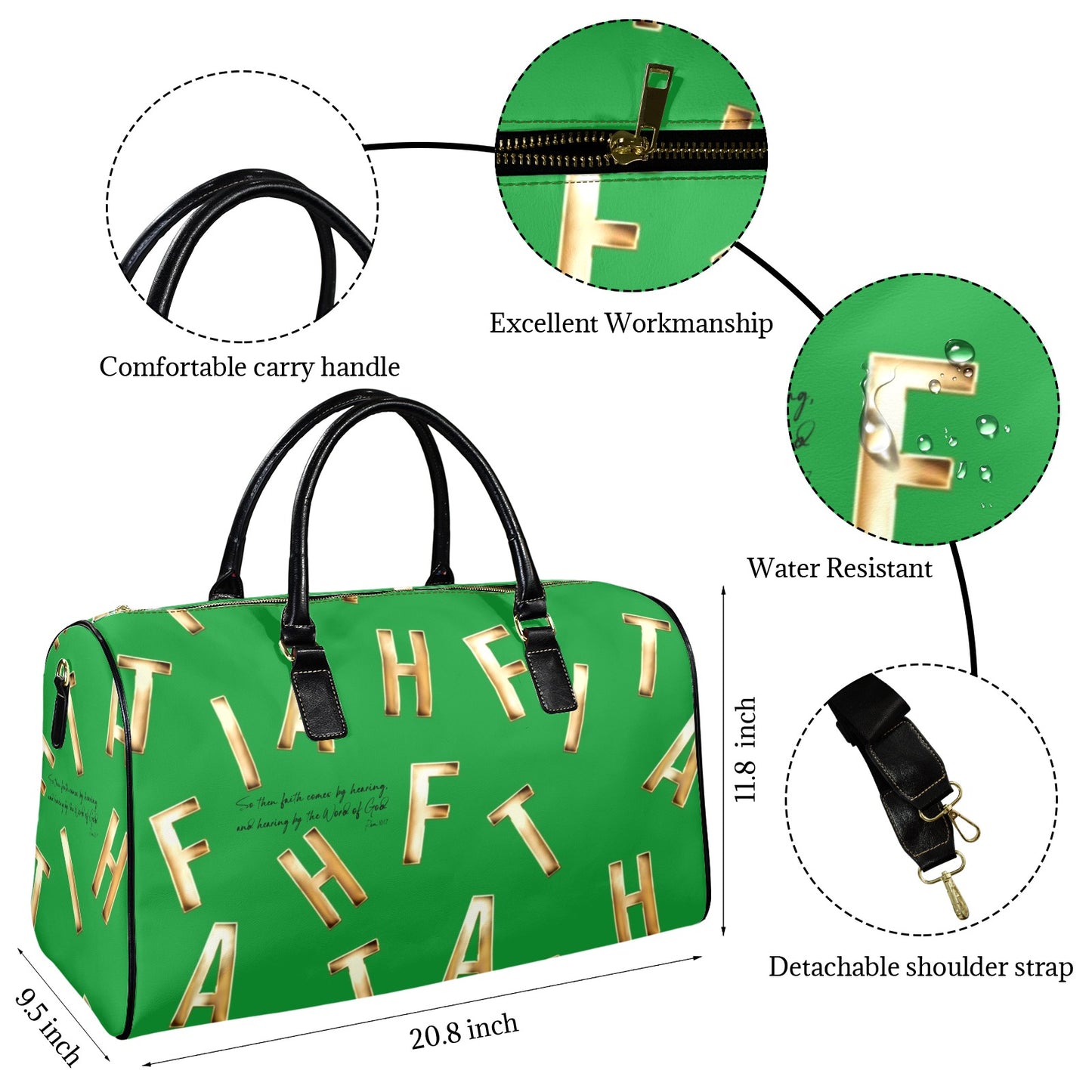LEATHER GREEN FAITH COMES BY HEARING TRAVEL BAG