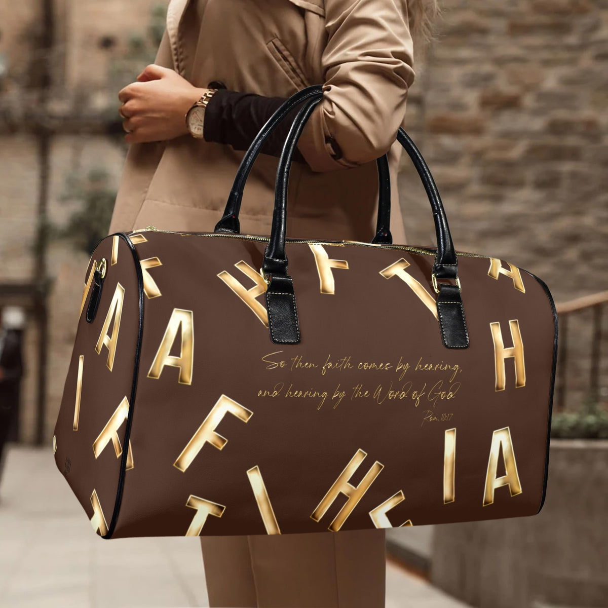 LEATHER BROWN FAITH COMES BY HEARING Travel Bag