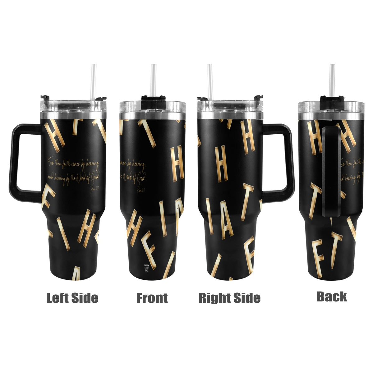 BLACK FAITH COMES BY HEARING 40oz Tumbler with Black Handle