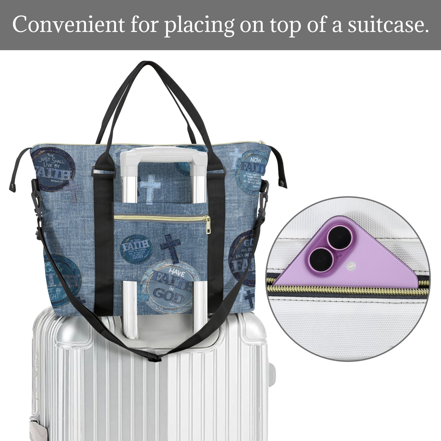 FAUX DENIM FAITH DUFFLE BAG