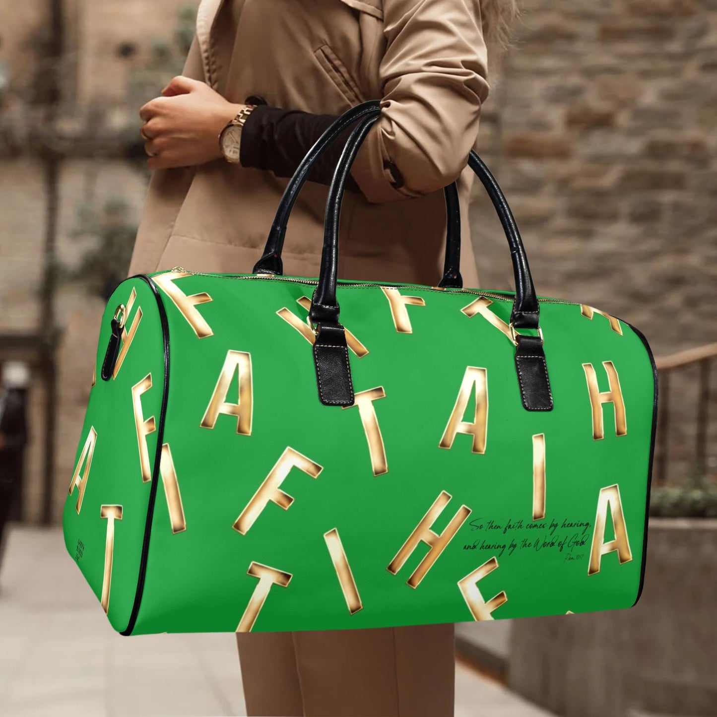 LEATHER GREEN FAITH COMES BY HEARING TRAVEL BAG