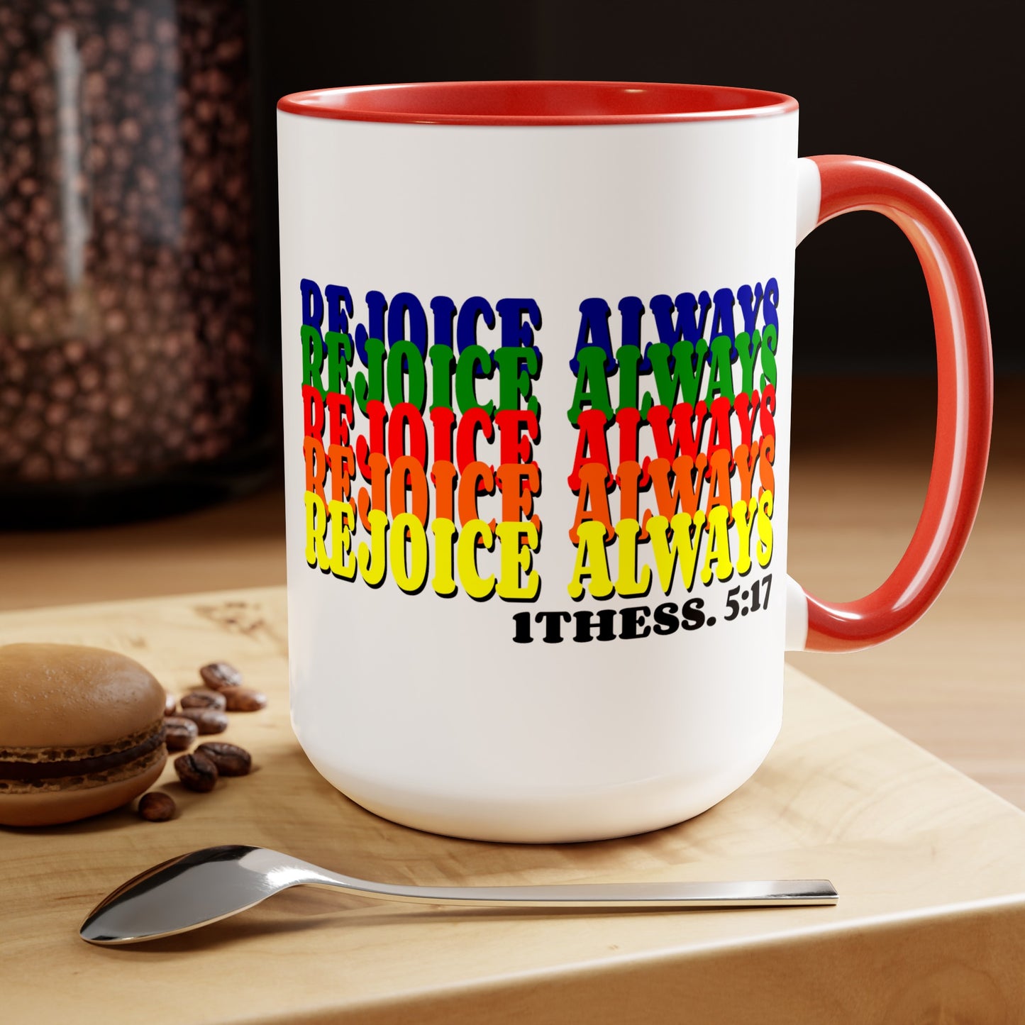 Bible Verse Scripture Two-Tone Coffee Mugs, 15oz Rejoice Always