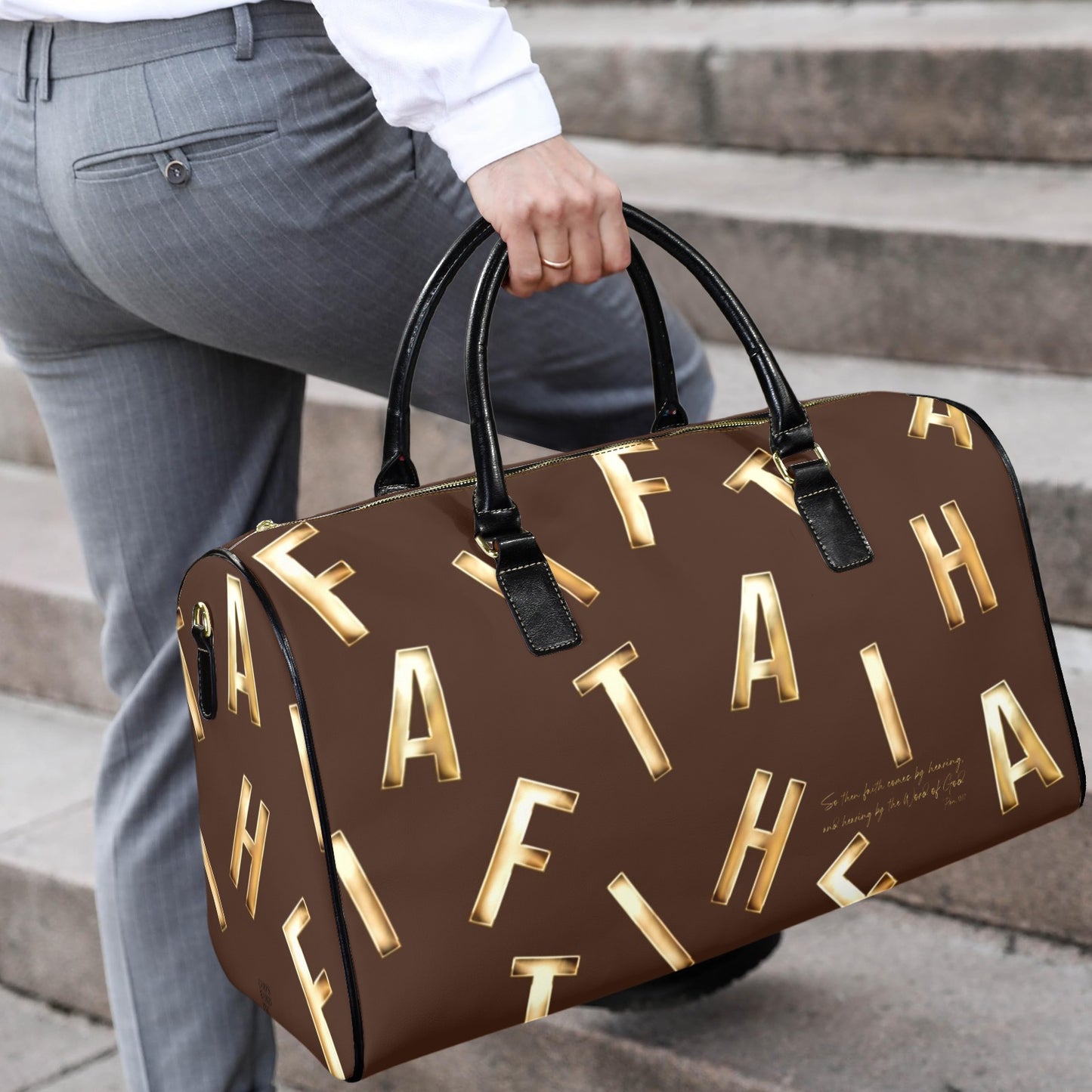 LEATHER BROWN FAITH COMES BY HEARING TRAVEL BAG