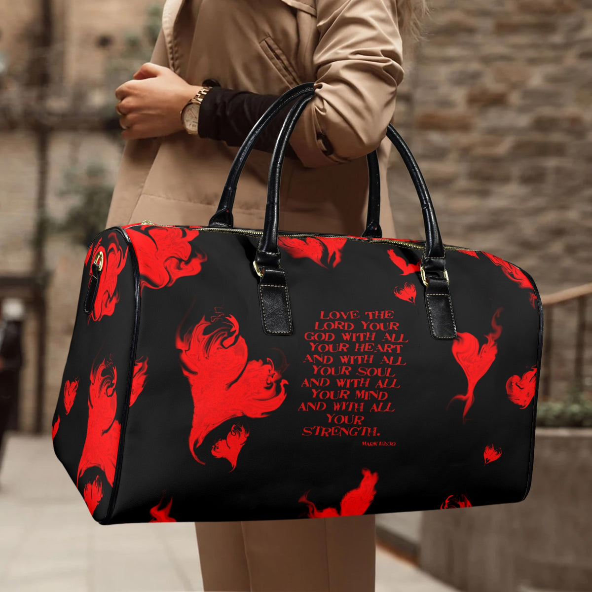 RED LEATHER LOVE THE LORD WITH Y0UR HEART Leather Travel Bag