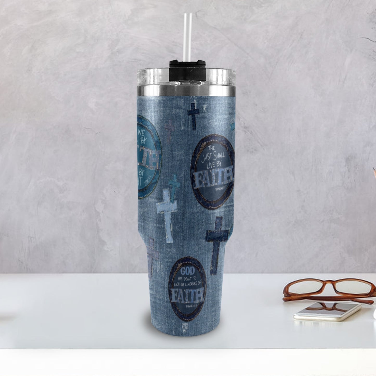 FAUX DENIM FAITH 40oz Tumbler with Black Handle