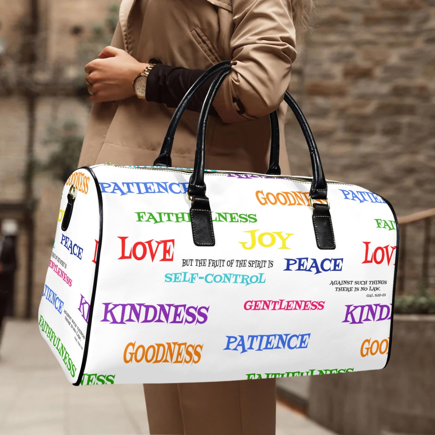 LEATHER FRUIT OF THE SPRIT WHITE TRAVEL BAG