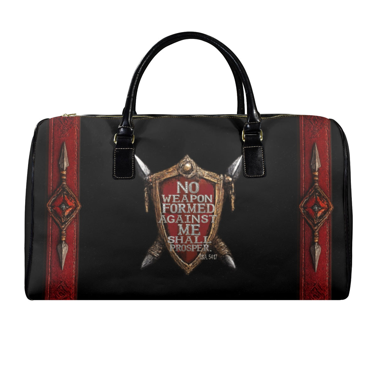 LEATHER NO WEAPON FORMED AGAINST ME SHALL PROSPER TRAVEL BAG