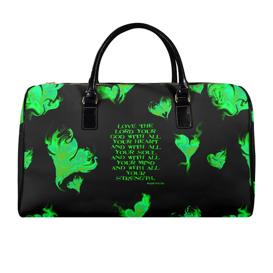 GREEN LEATHER LOVE THE LORD WITH ALL YOUR HEART    Travel Bag