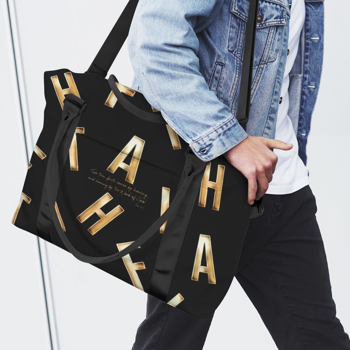 BLACK FAITH COMES BY HEARING DUFFLE BAG