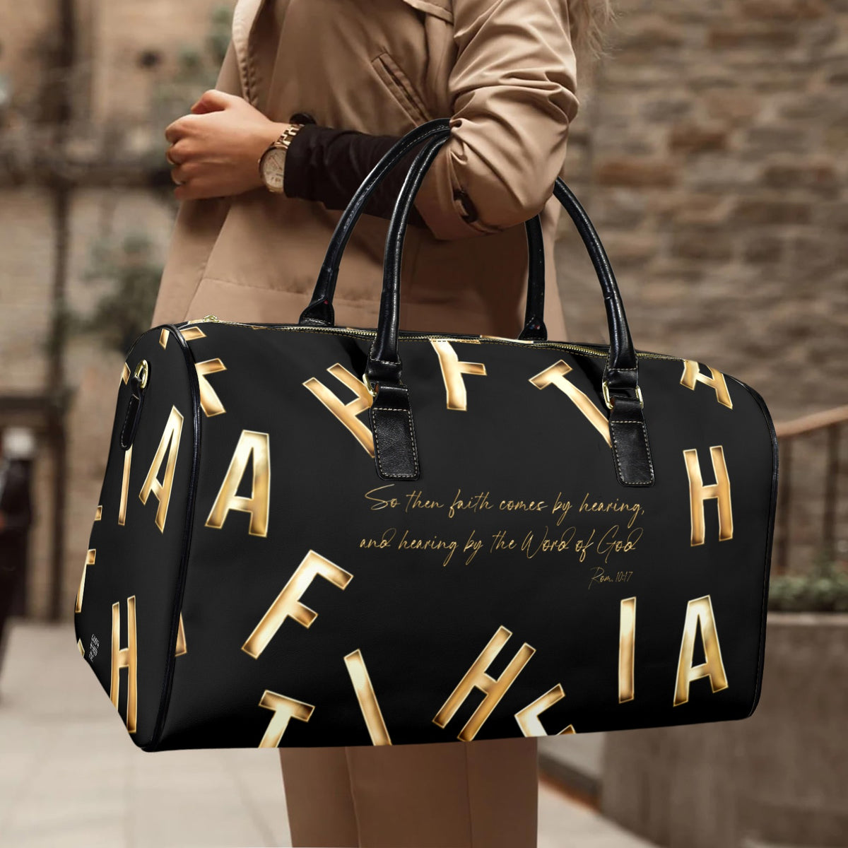 LEATHER BLACK FAITH COMES BY HEARING Travel Bag