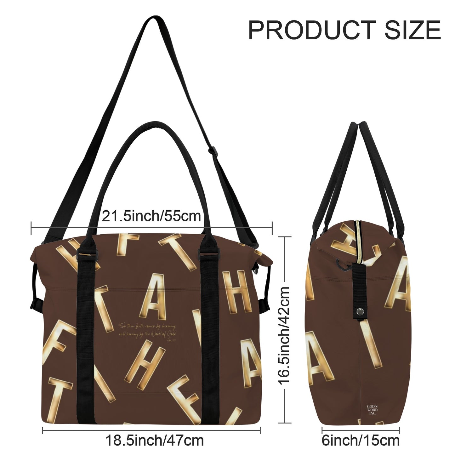 BROWN FAITH COMES BY HEARING TOTE DUFFLE BAG