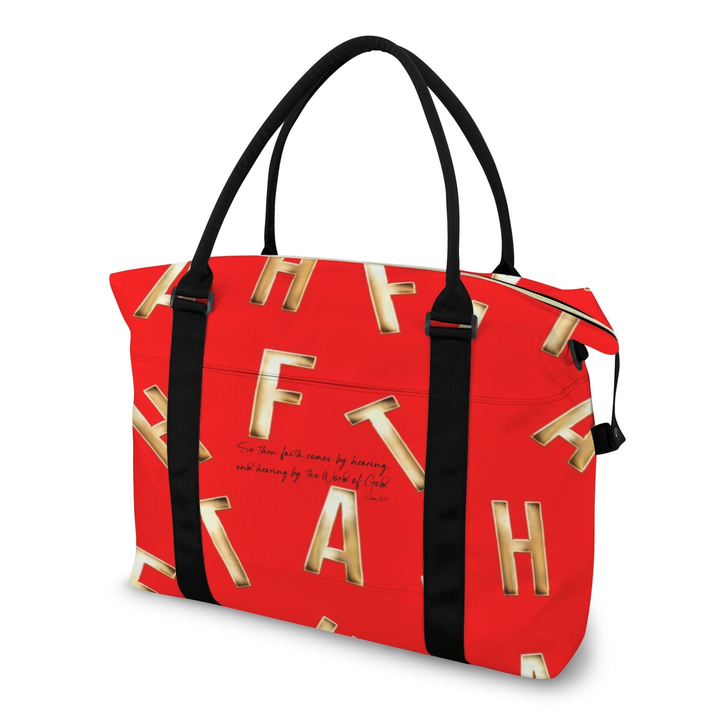 RED FAITH COMES BY HEARING DUFFLE BAG