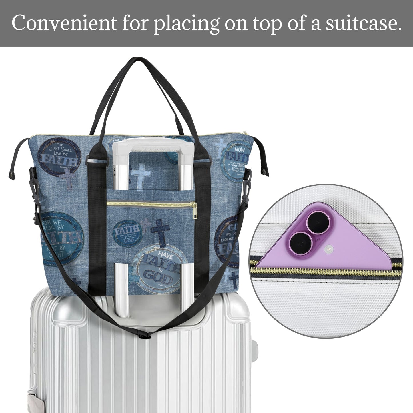FAUX DENIM FAITH DUFFLE BAG