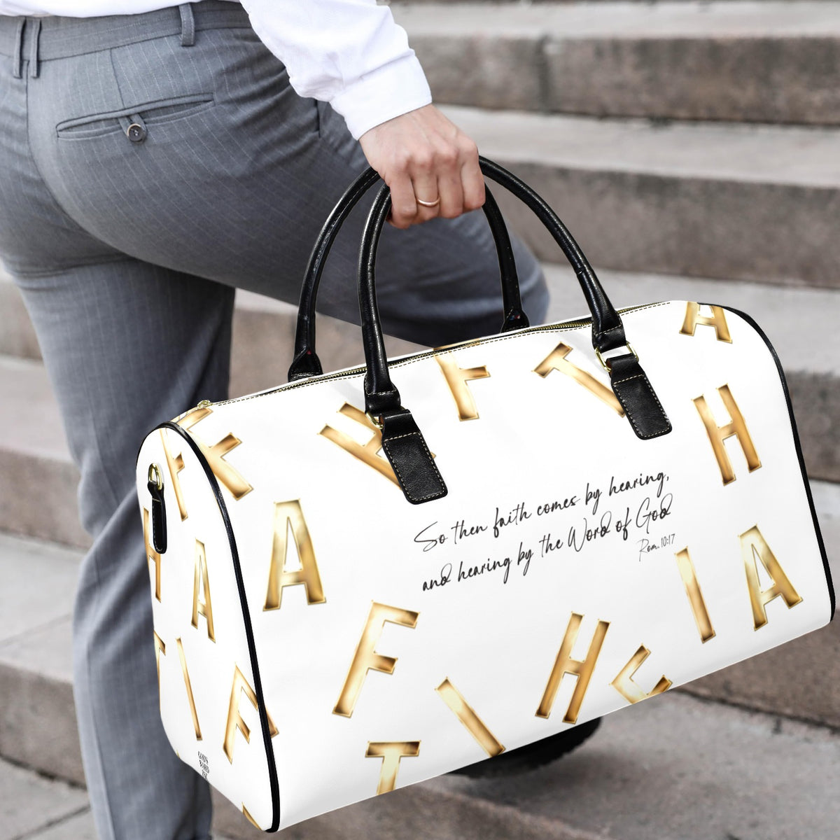 WHITE LEATHER FAITH COMES BY HEARING  Travel Bag