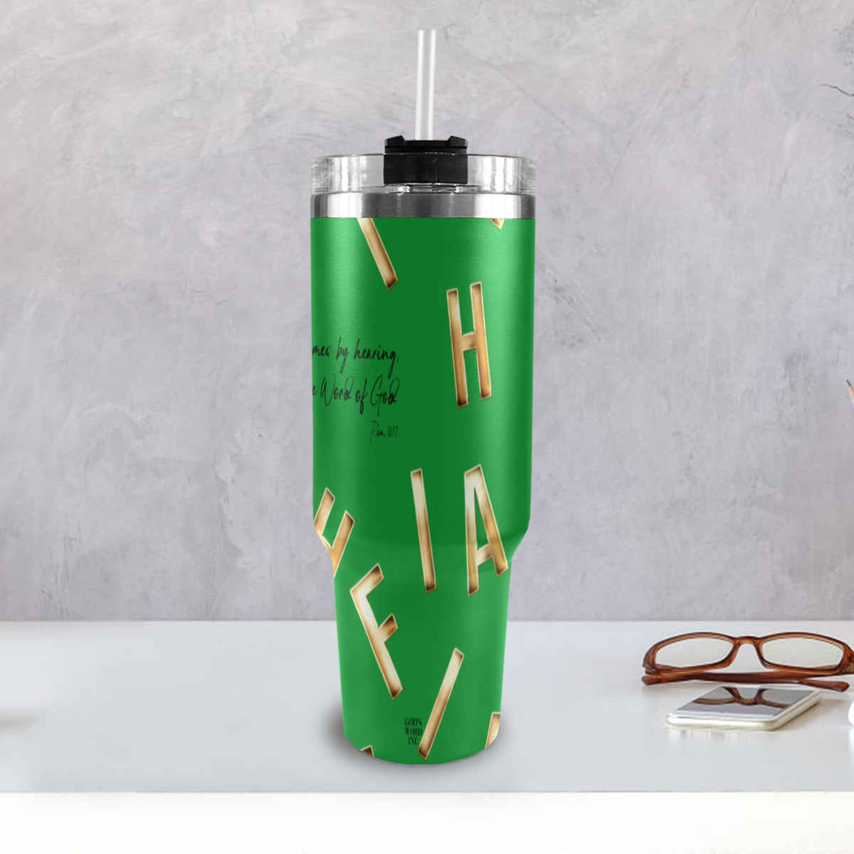 GREEN FAITH COMES BY HEARING 40oz Tumbler with Black Handle