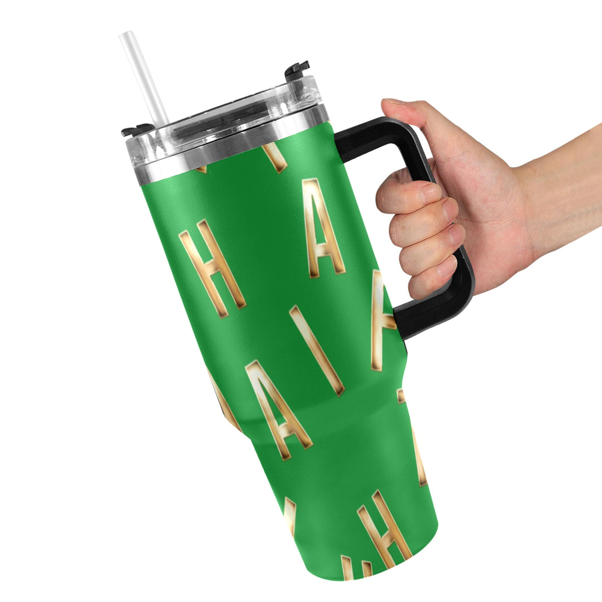 GREEN FAITH COMES BY HEARING 40oz Tumbler with Black Handle