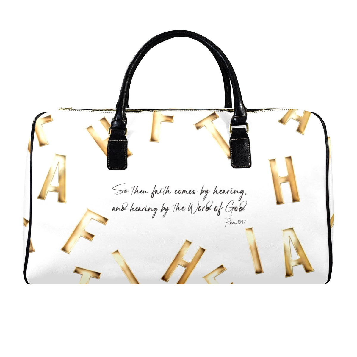 WHITE LEATHER FAITH COMES BY HEARING  Travel Bag