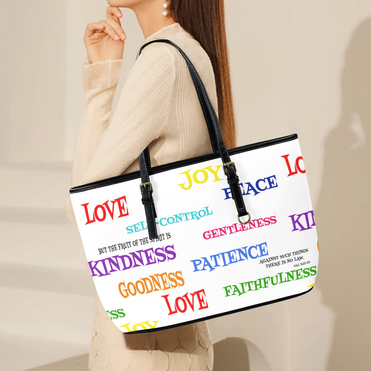 LEATHER WHITE FRUIT OF THE SPIRIT Tote Bag-Large