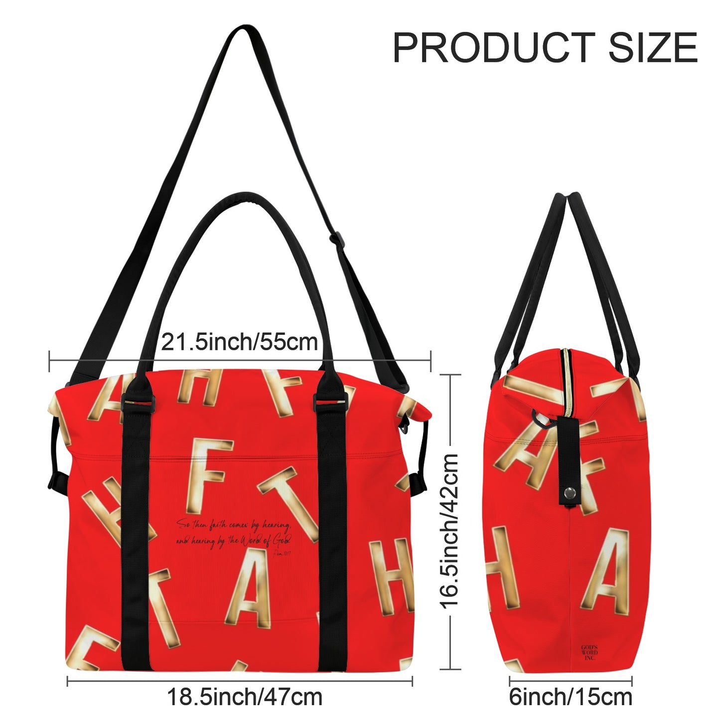 RED FAITH COMES BY HEARING DUFFLE BAG