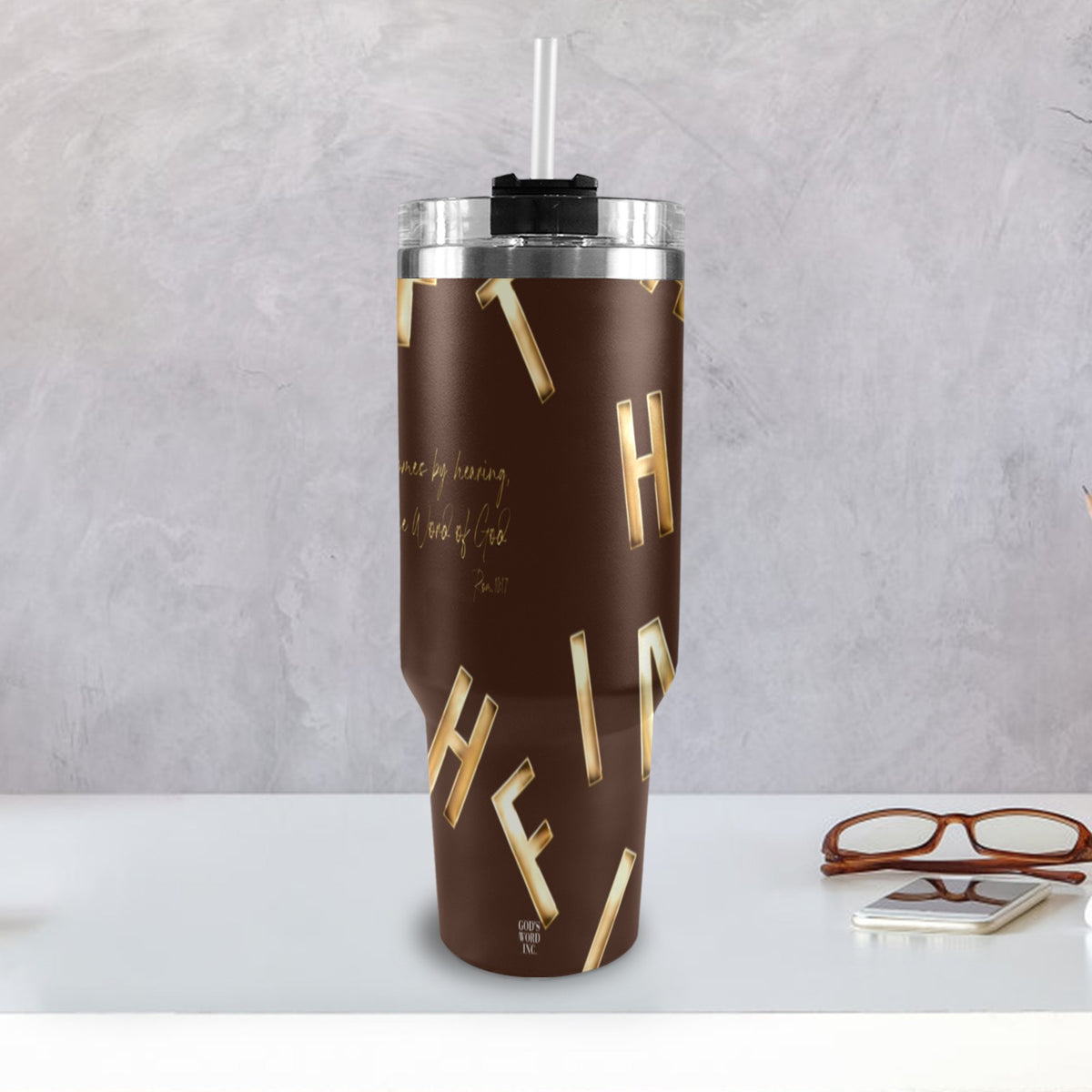 BROWN FAITH COMES BY HEARING 40oz Tumbler with Black Handle