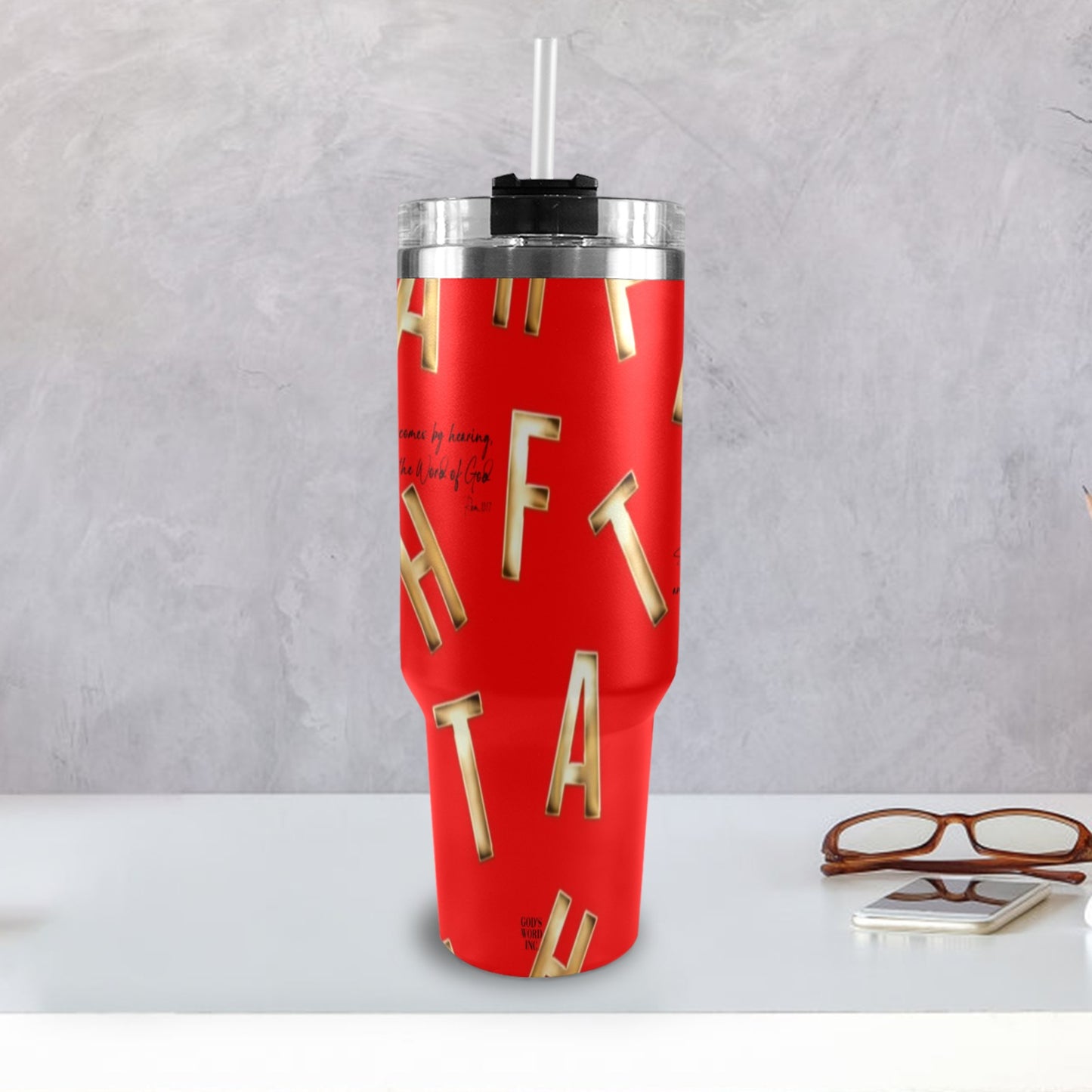 RED FAITH COMES BY HEARING 40oz Tumbler with Black Handle
