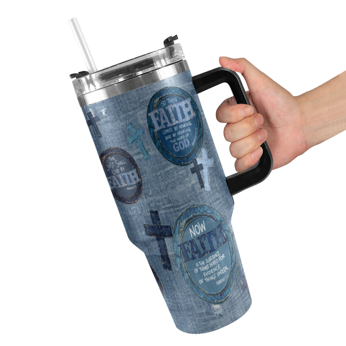 FAUX DENIM FAITH TUMBLER  40oz Tumbler with Black Handle
