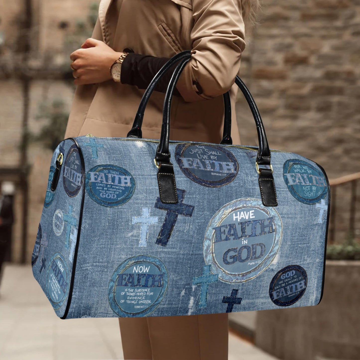 LEATHER FAUX DENIM WALK BY FAITH TRAVEL BAG