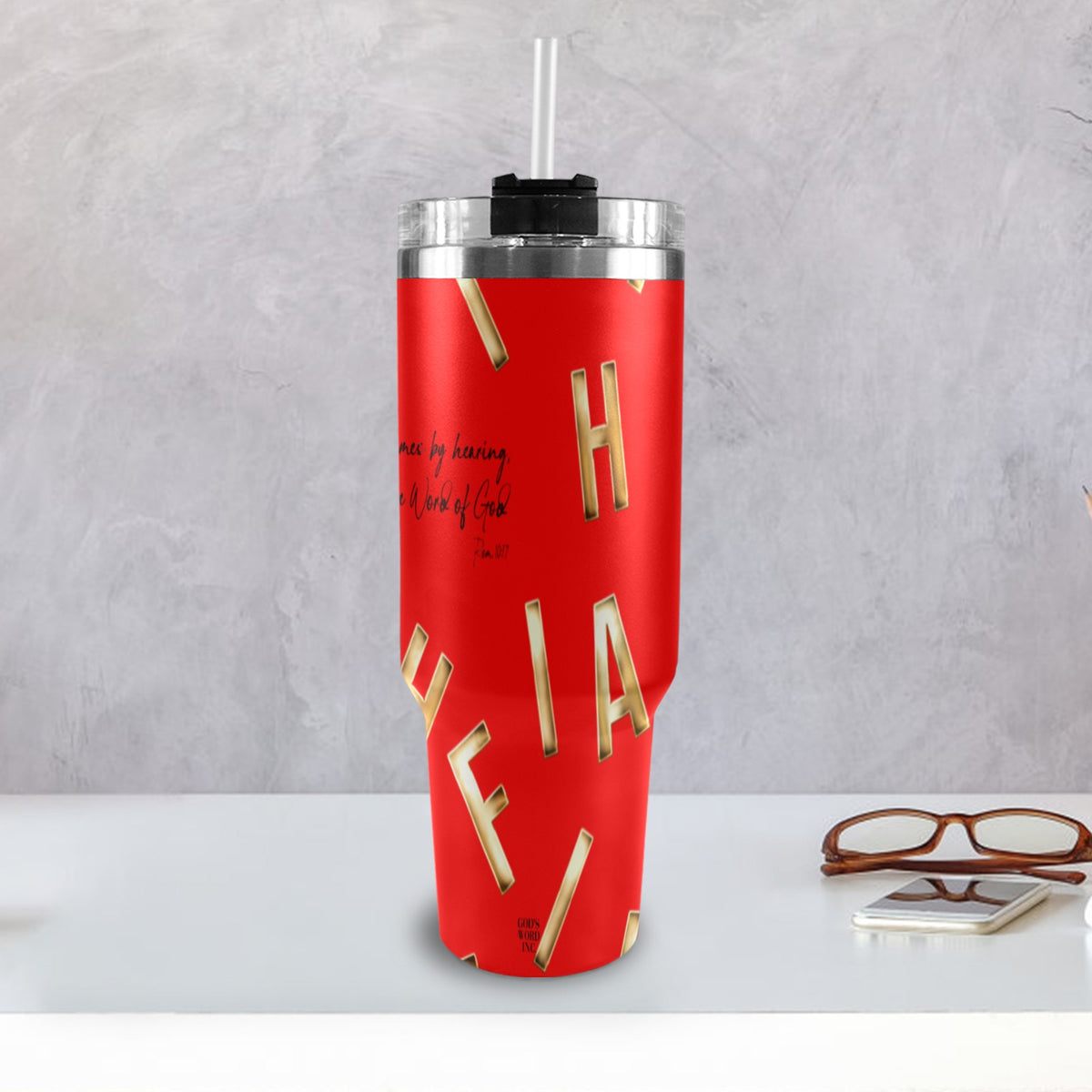 RED FAITH COMES BY HEARING  40oz Tumbler with Black Handle