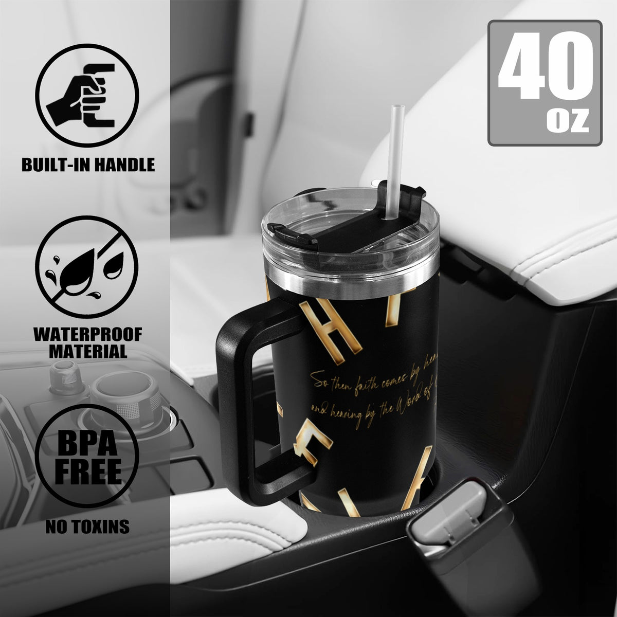 BLACK FAITH COMES BY HEARING 40oz Tumbler with Black Handle