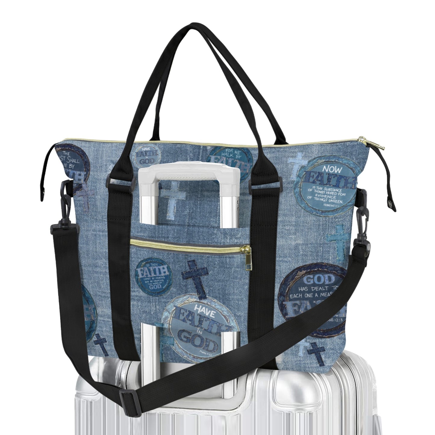 FAUX DENIM FAITH DUFFLE BAG