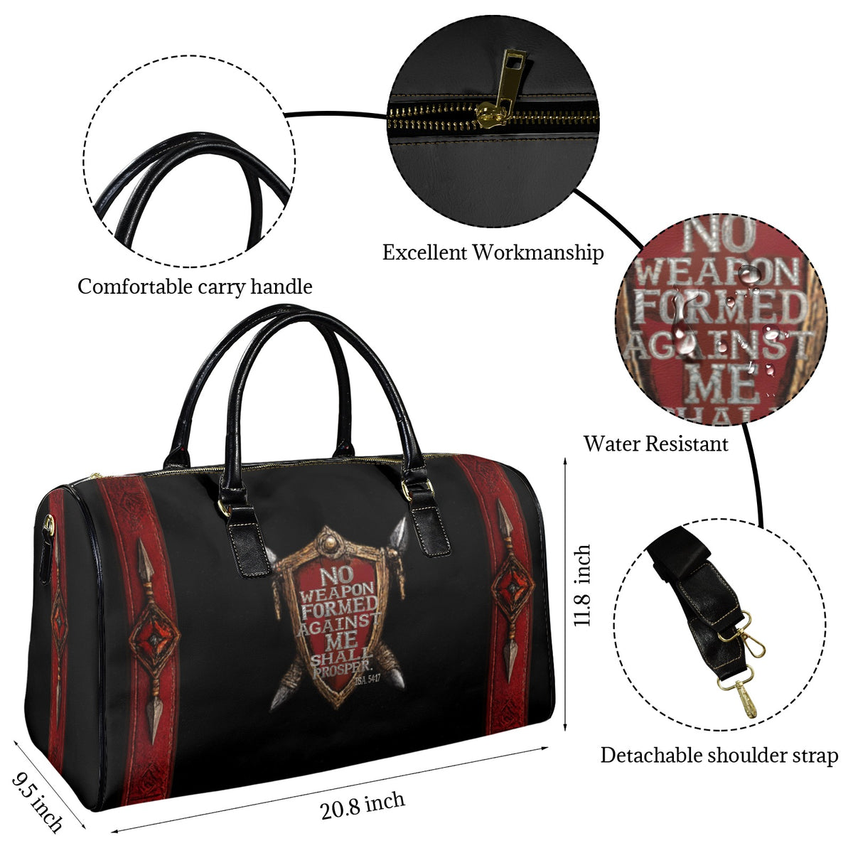 LEATHER NO WEAPON FORMED AGAINST ME SHALL PROSPER TRAVEL BAG