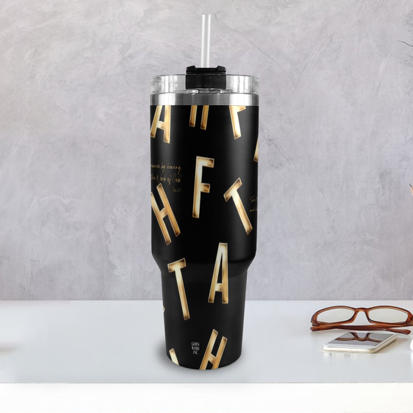 BLACK FAITH COMES BY HEARING  40oz Tumbler with Black Handle