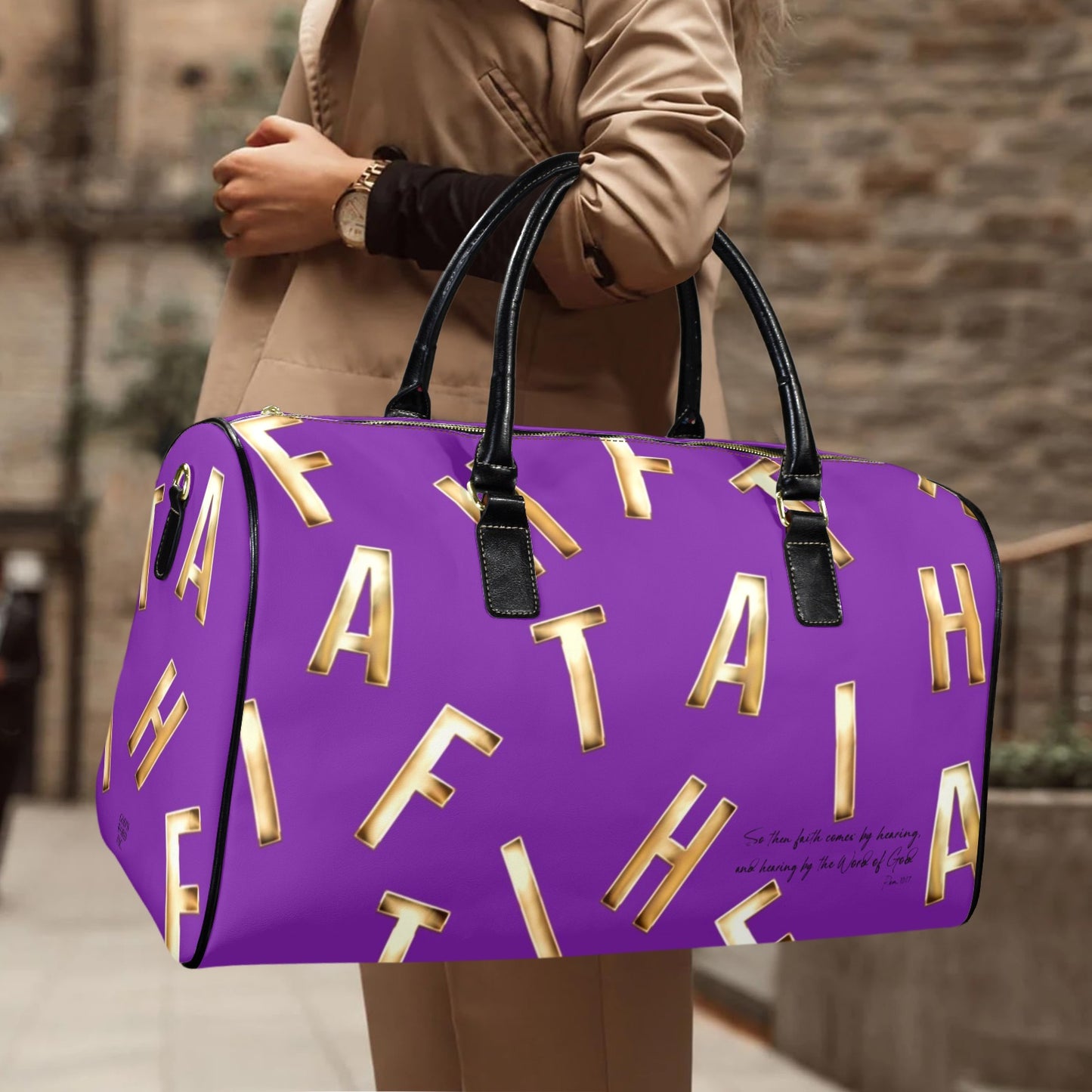 LEATHER PURPLE FAITH COMES BY HEARING TRAVEL BAG