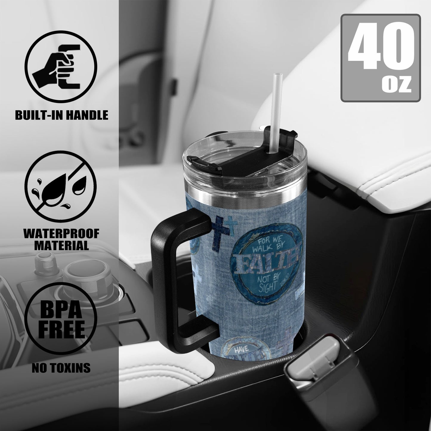 FAUX DENIM FAITH 40oz Tumbler with Black Handle