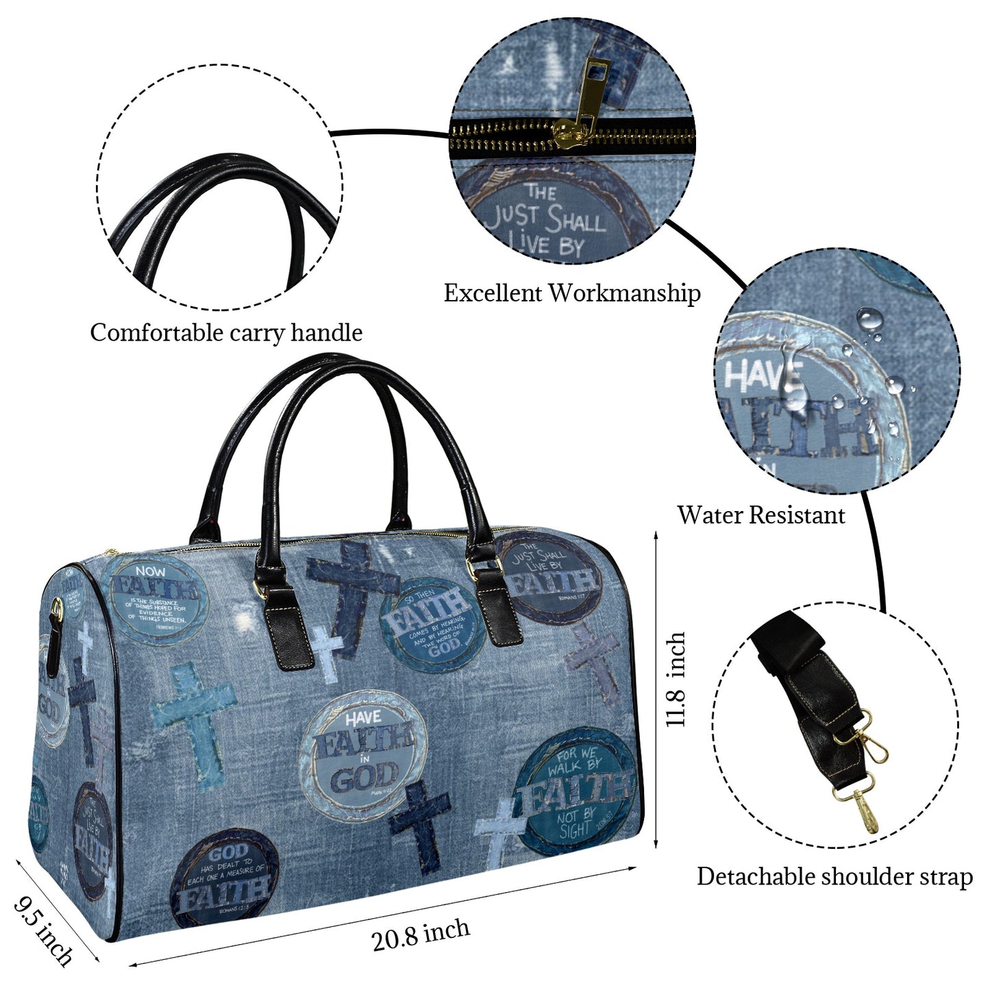 LEATHER FAUX DENIM WALK BY FAITH TRAVEL BAG