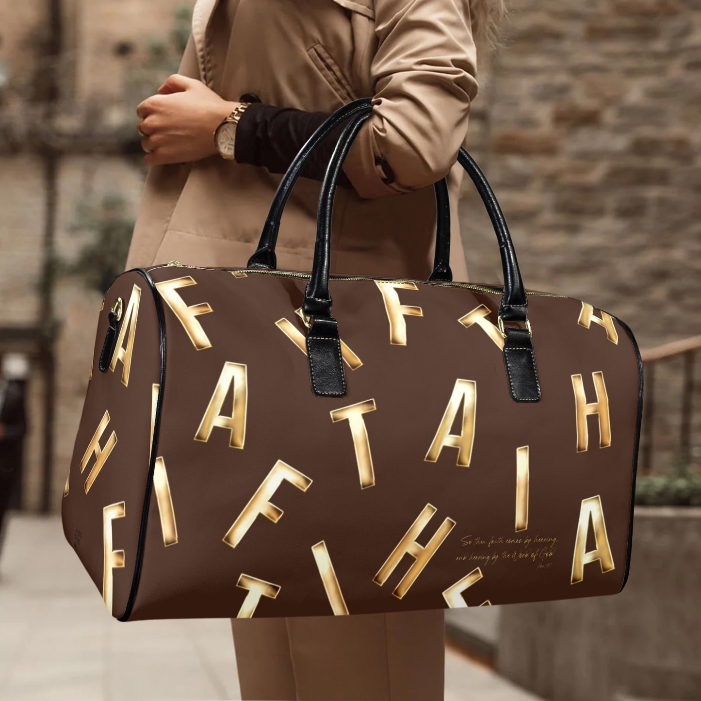 LEATHER BROWN FAITH COMES BY HEARING TRAVEL BAG