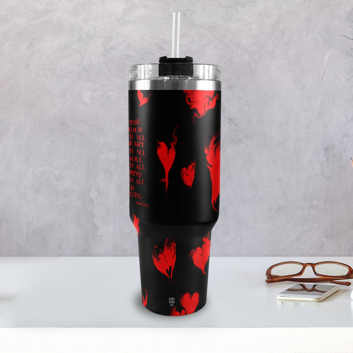 RED LOVE THE LORD WITH ALL YOUR HEART 40oz Tumbler with Black Handle