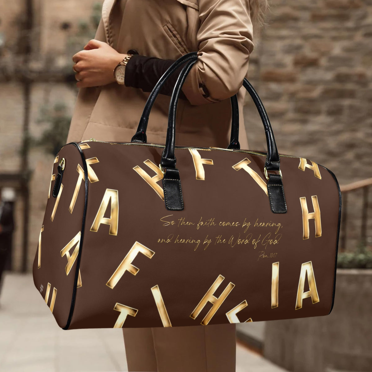 BROWN LEATHER FAITH COMES BY HEARING Travel Bag