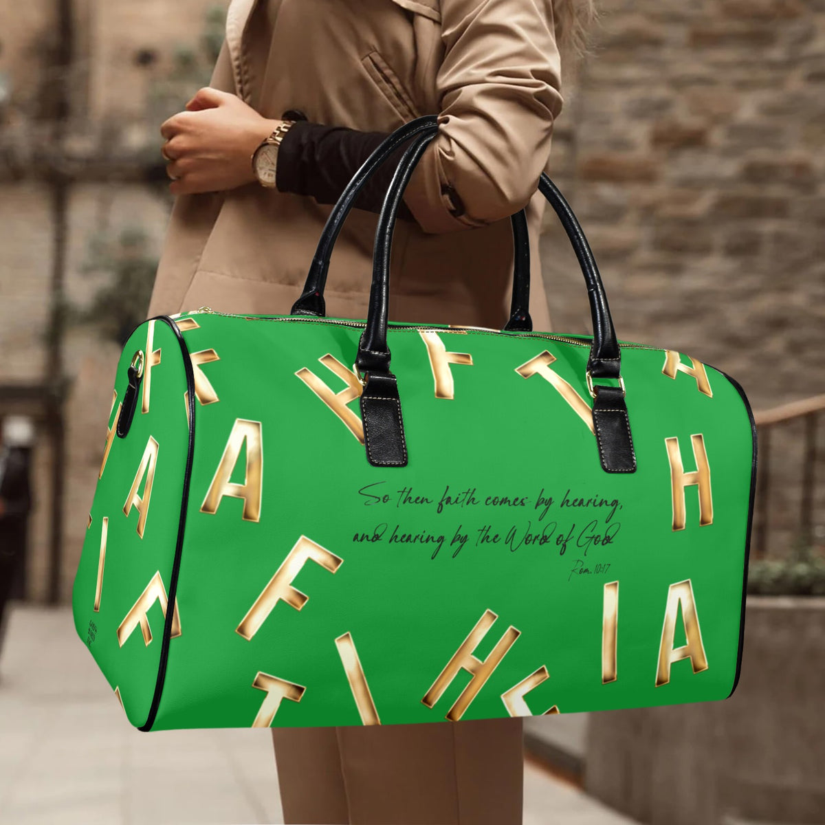 GREEN LEATHER FAITH COMES BY HEARING Travel Bag