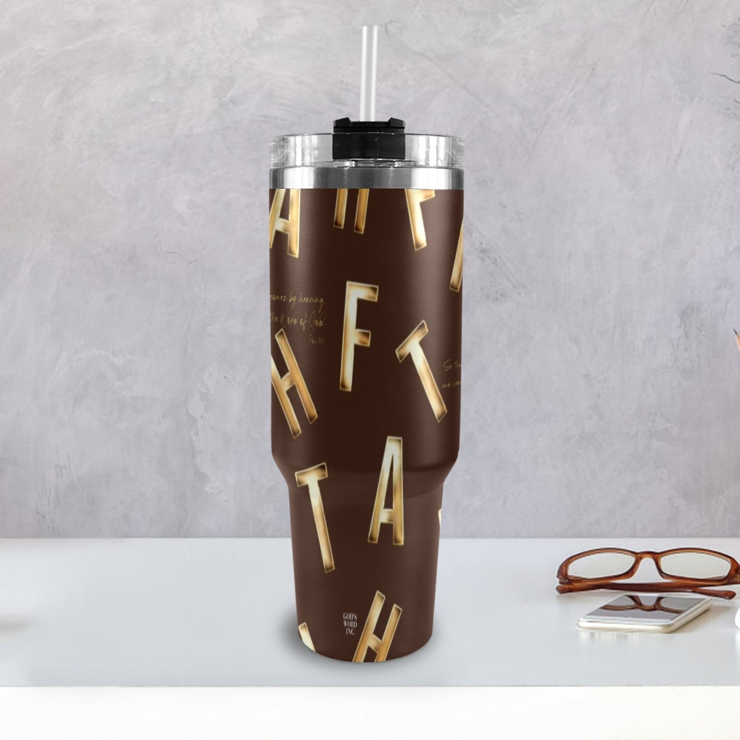 BROWN FAITH COMES BY HEARING 40oz Tumbler with Black Handle